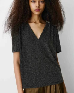 Top col V en jersey lurex manches courtes gold Basilic
