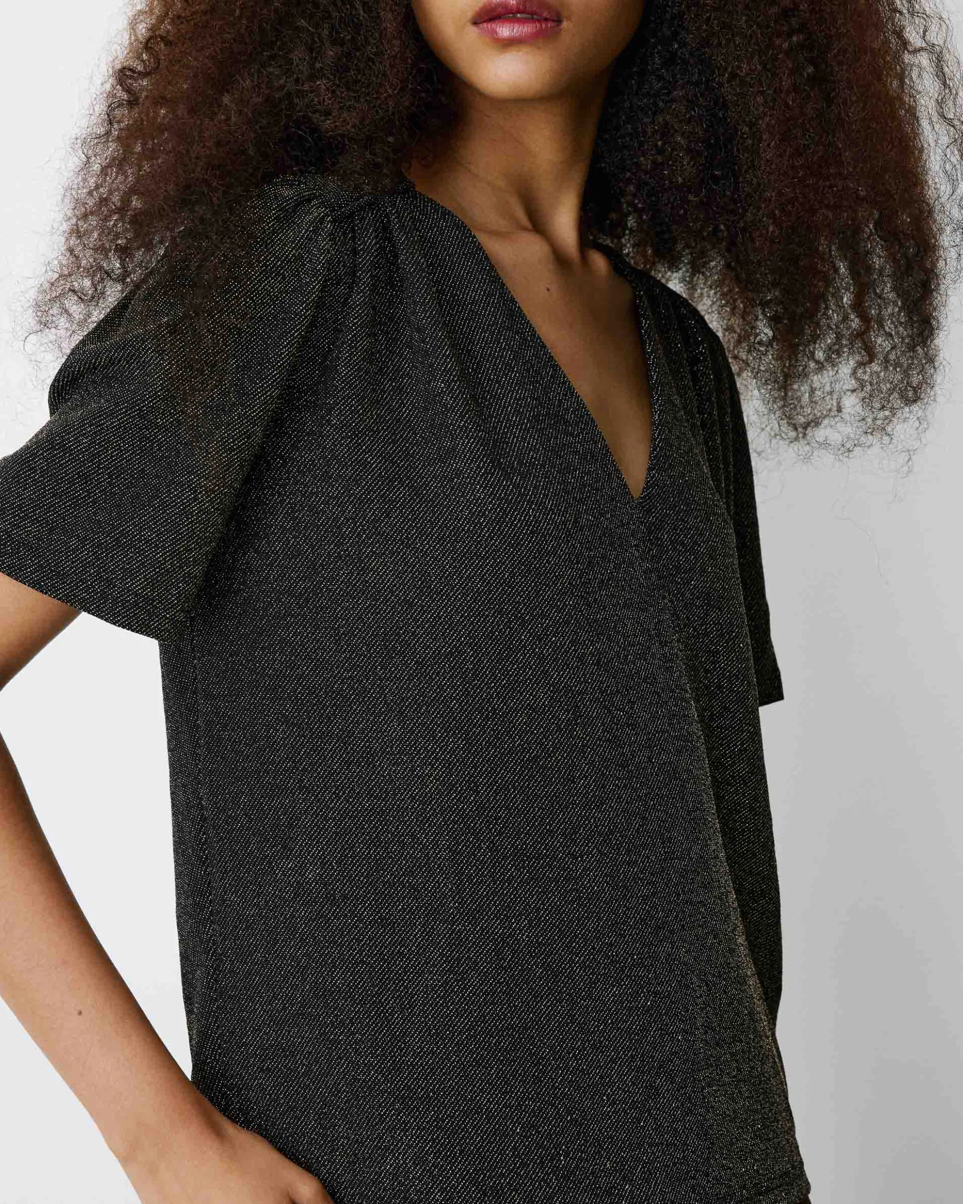 Top col V en jersey lurex manches courtes gold Basilic
