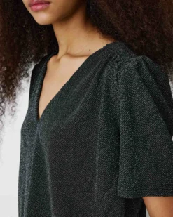 Top col V en jersey lurex manches courtes silver Basilic