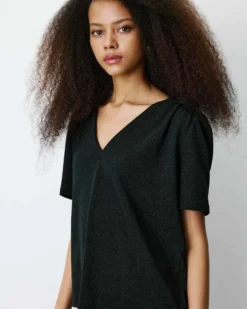 Top col V en jersey lurex manches courtes noir Basilic