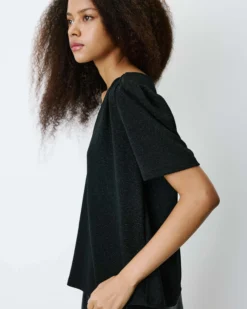 Top col V en jersey lurex manches courtes noir Basilic