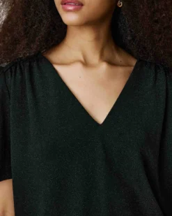 Top col V en jersey lurex manches courtes noir Basilic