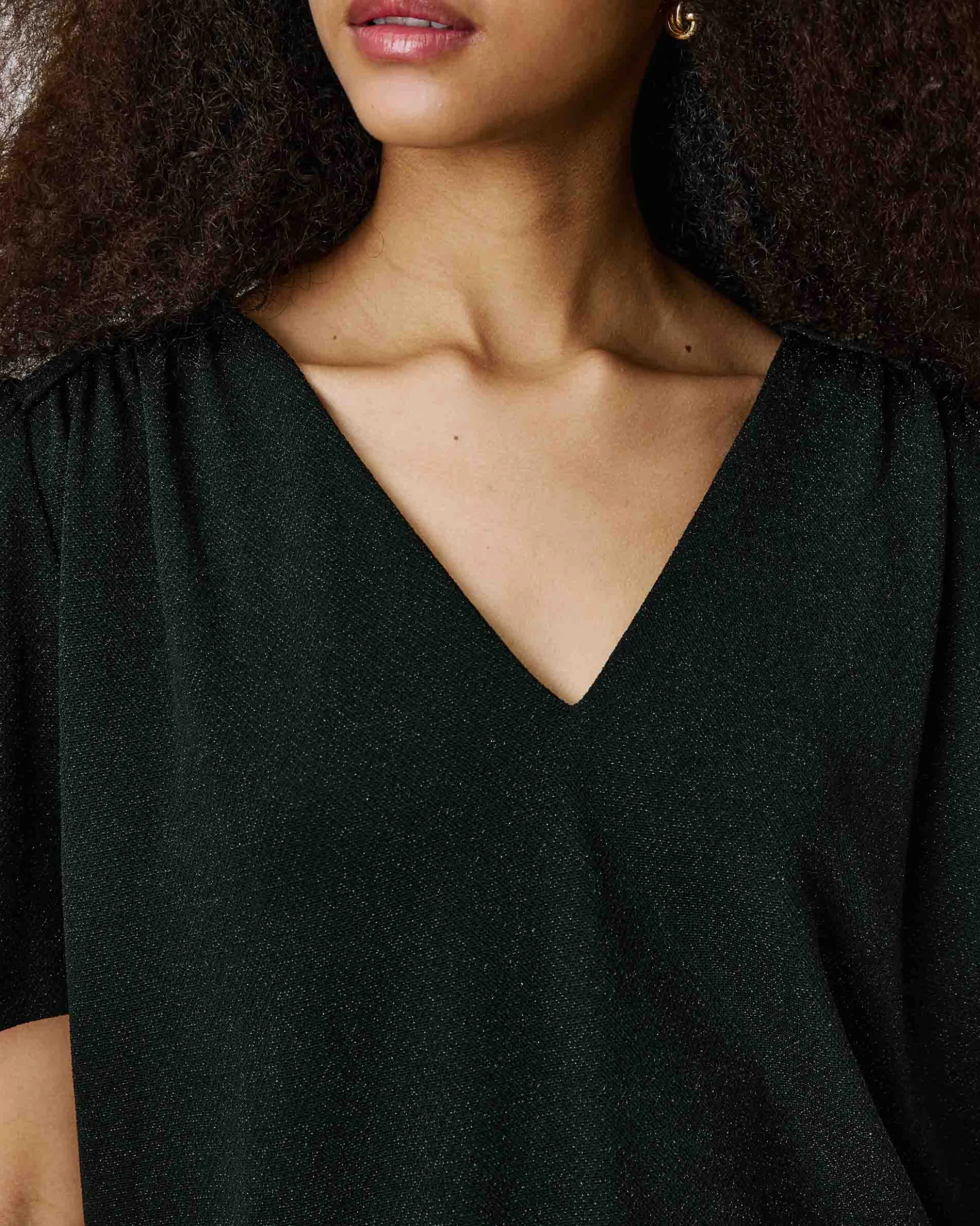 Top col V en jersey lurex manches courtes noir Basilic