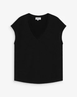 Top col V manches courtes en lurex noir Valsons