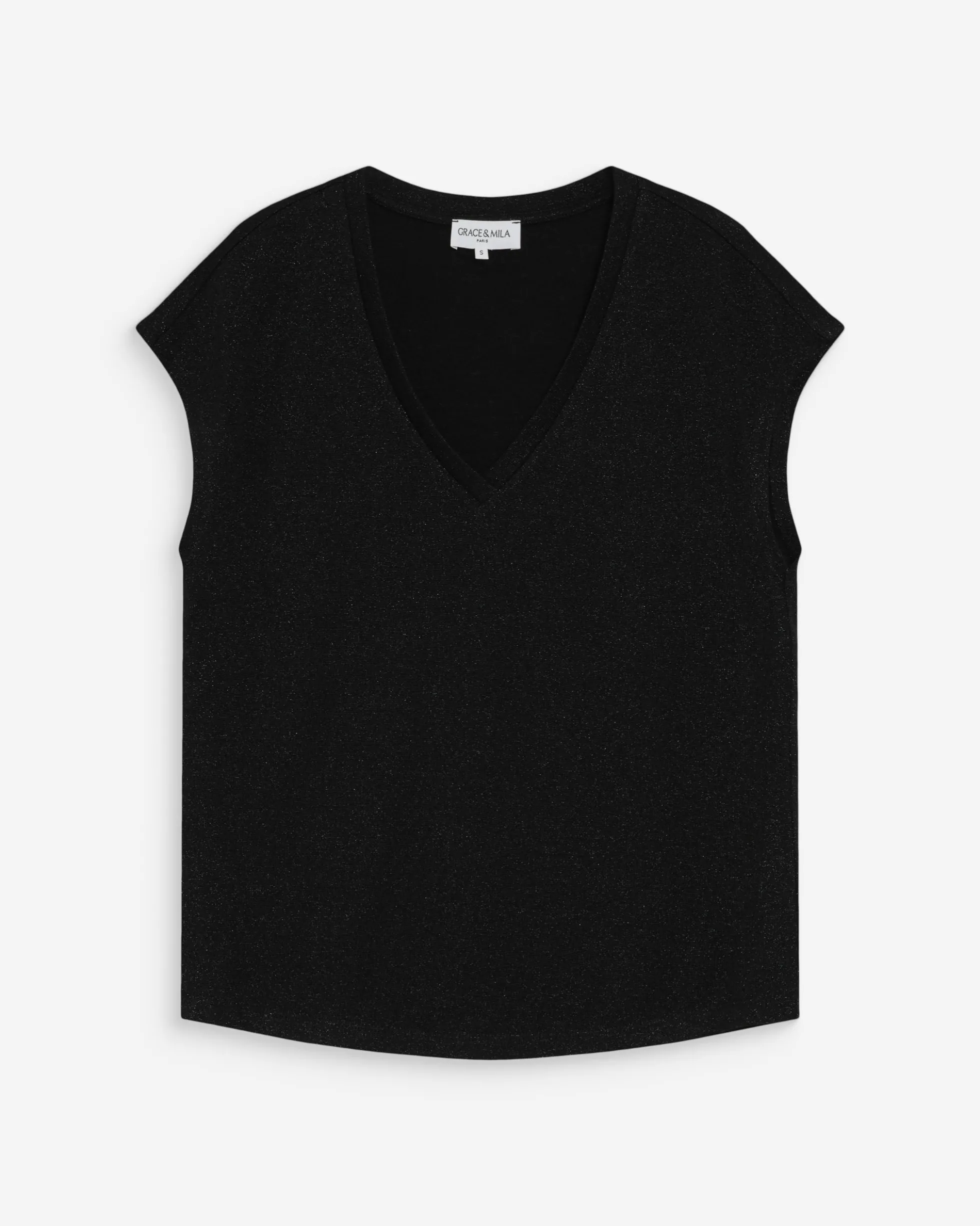 Top col V manches courtes en lurex noir Valsons