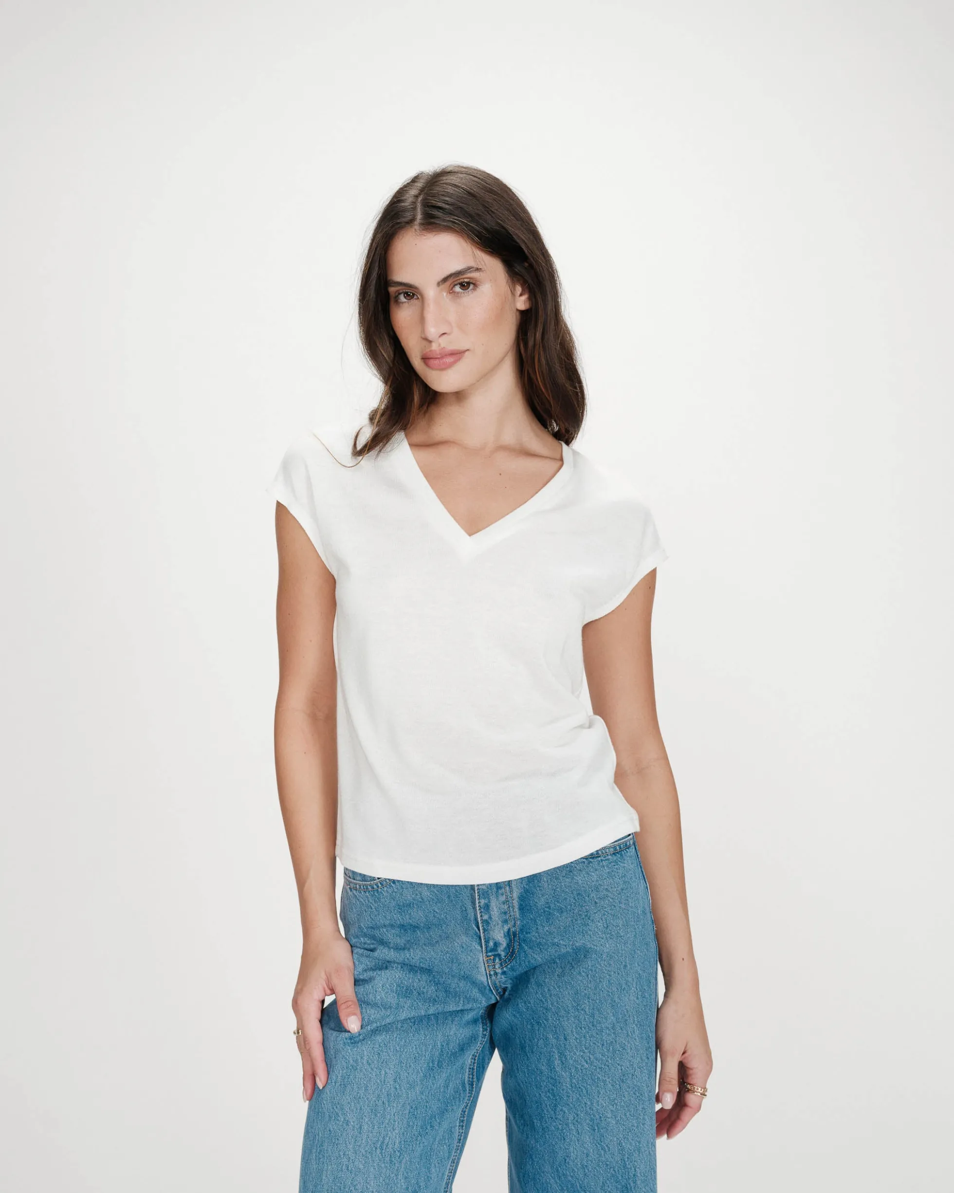 Top col V manches courtes en lurex ivoire Valsons