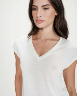 Top col V manches courtes en lurex ivoire Valsons