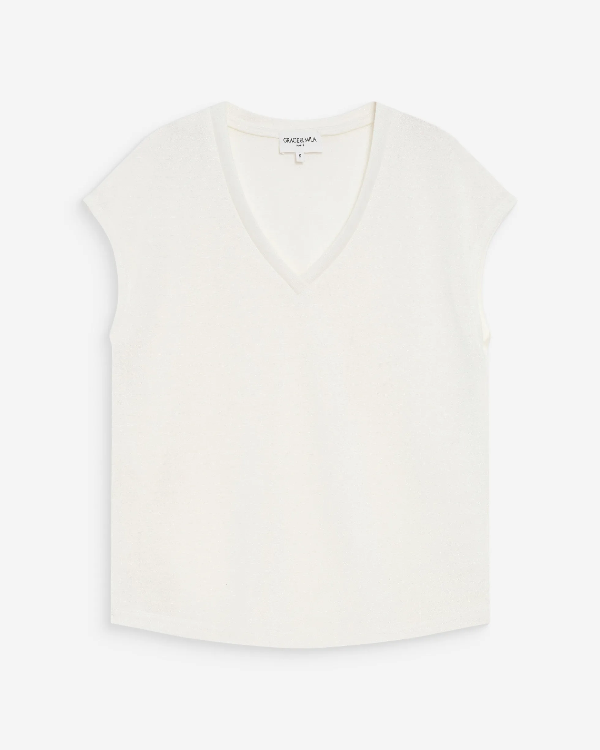 Top col V manches courtes en lurex ivoire Valsons