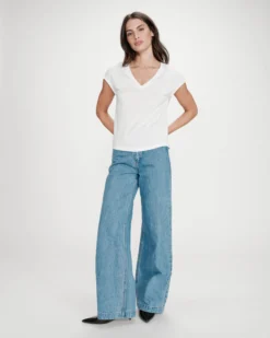 Top col V manches courtes en lurex ivoire Valsons