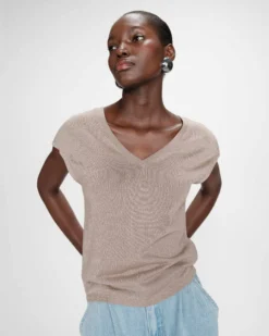 Top col V manches courtes en lurex grege Valsons