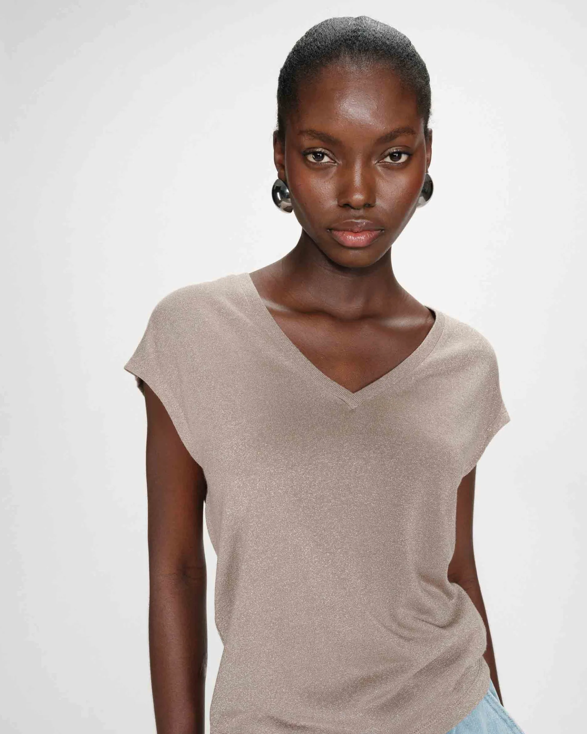 Top col V manches courtes en lurex grege Valsons