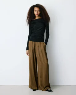 Top drapé ajusté en lurex manches longues noir Beaumont