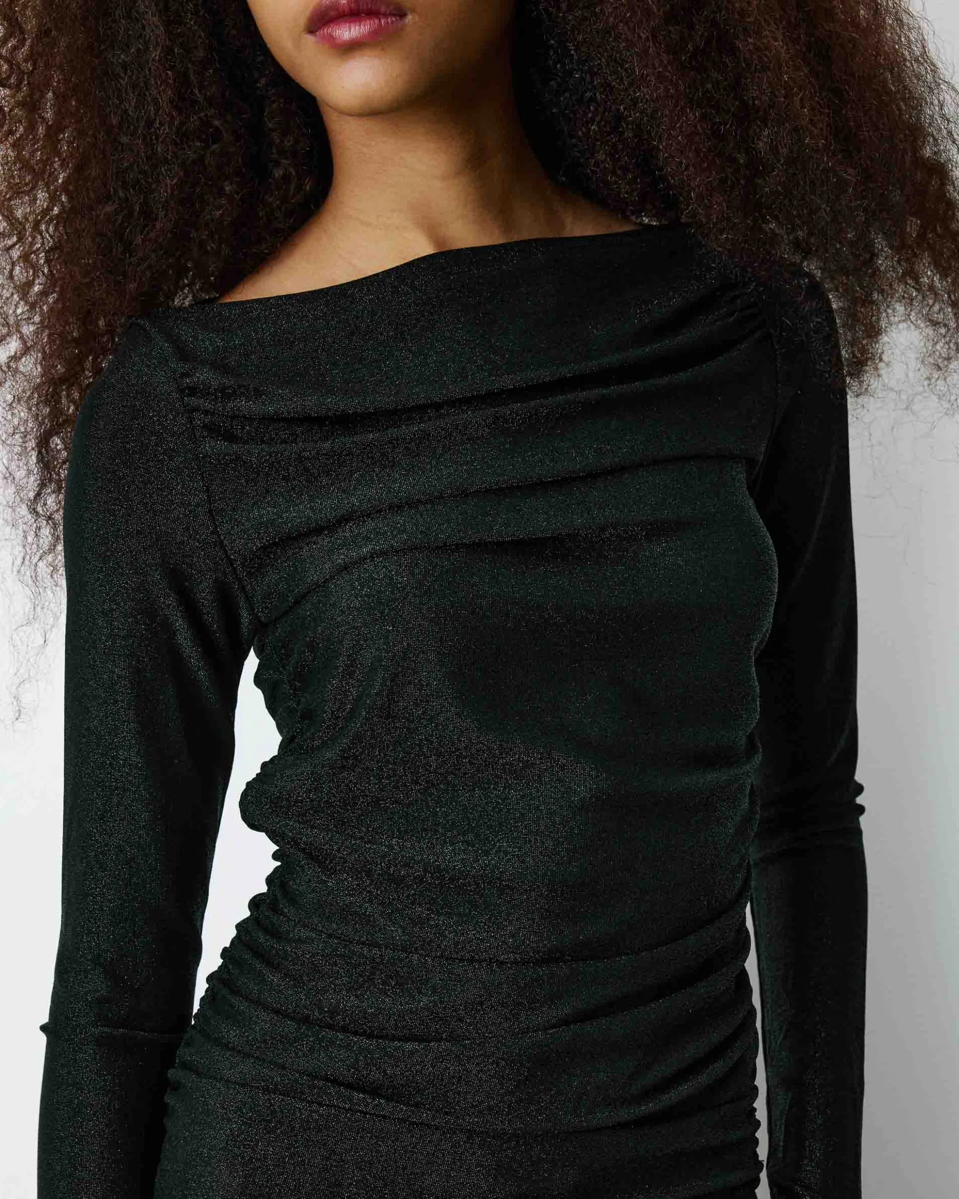 Top drapé ajusté en lurex manches longues noir Beaumont