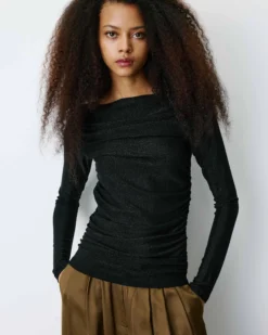 Top drapé ajusté en lurex manches longues noir Beaumont