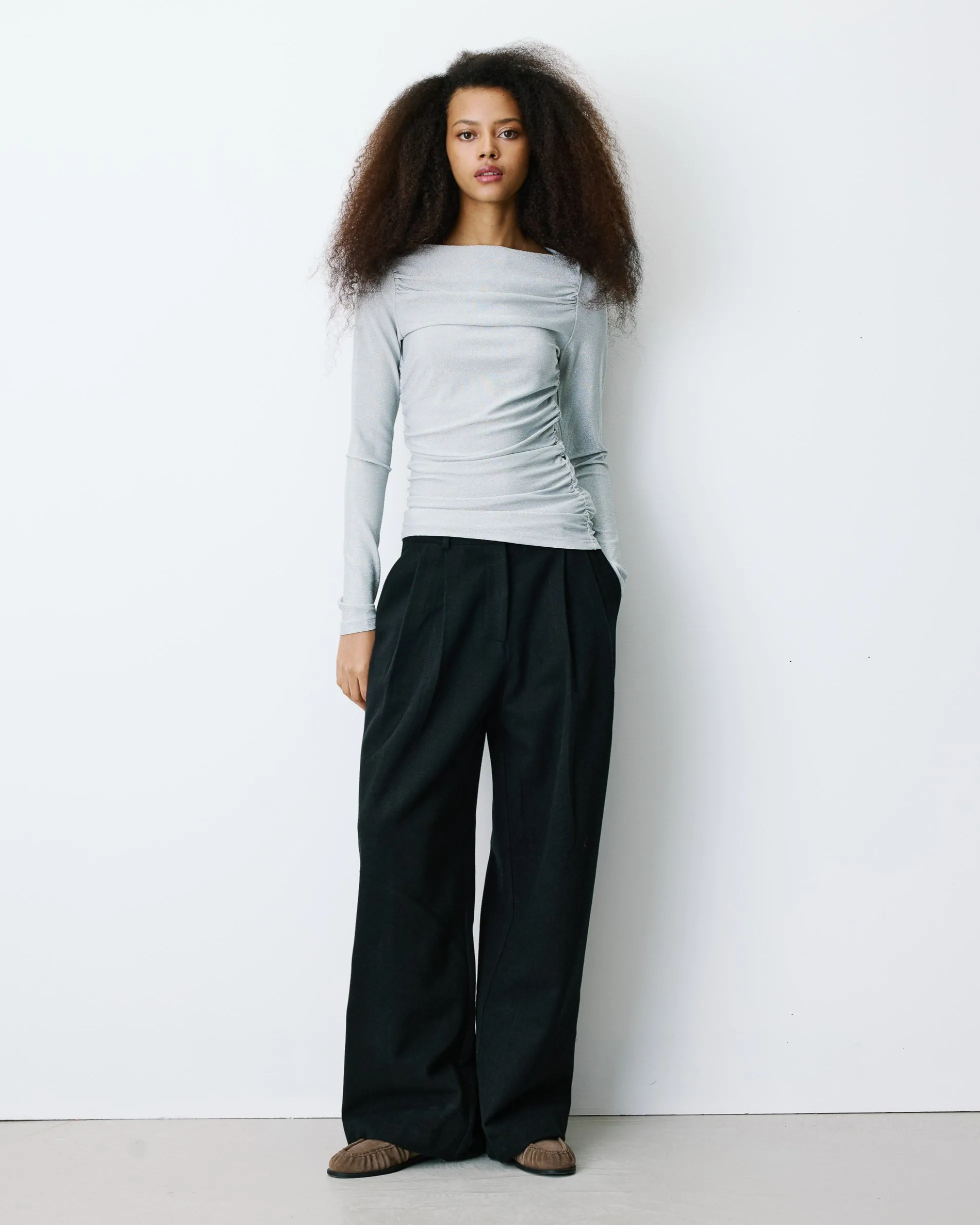 Top drapé ajusté en lurex manches longues silver Beaumont