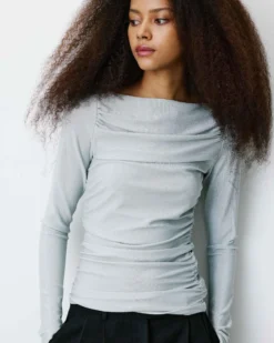 Top drapé ajusté en lurex manches longues silver Beaumont