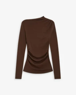 Top drapé asymétrique manches longues chocolat Aurygny