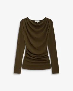 Top drapé manches longues col bénitier olive Biscotte