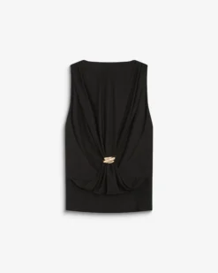 Top drapé sans manches à boucle dorée au dos noir Bunny