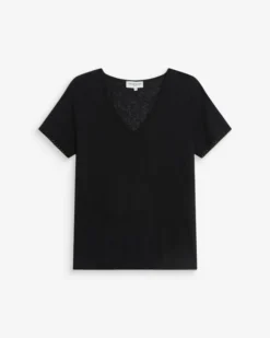 Top droit col V en dentelle manches courtes noir Willem