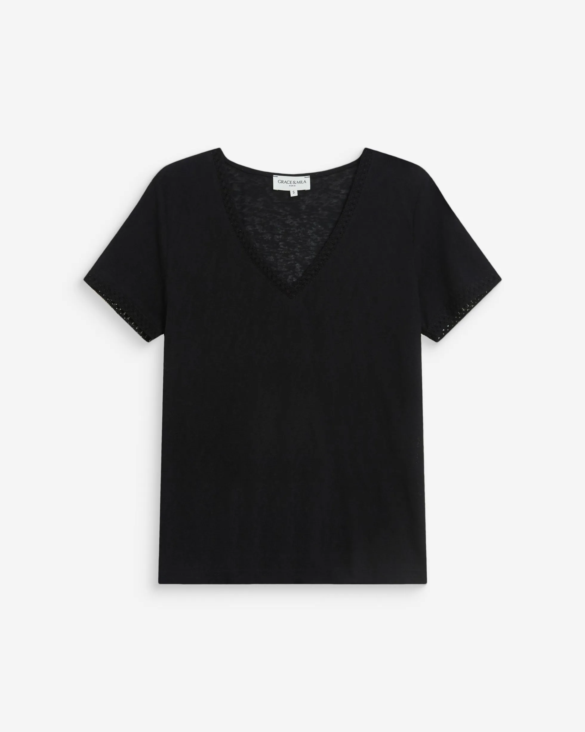Top droit col V en dentelle manches courtes noir Willem