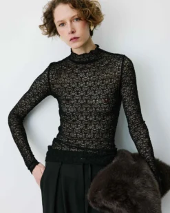 Top en dentelle ajusté manches longues noir Blake