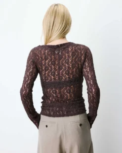 Top en dentelle drapé col bateau chocolat Avoine