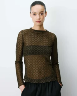 Top en dentelle transparente manches longues kaki Aube