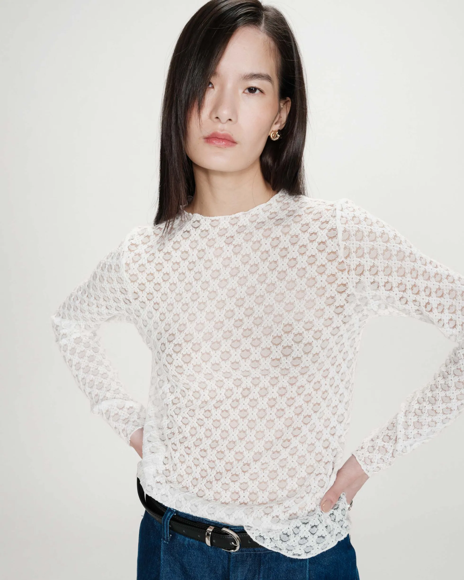 Top en dentelle transparent manches longues ivoire Valmy