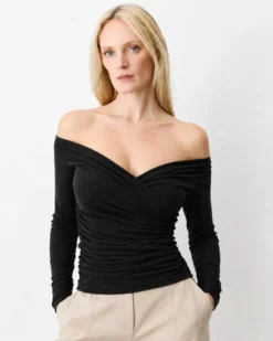 Top froncé col V croisé manches longues noir Azul