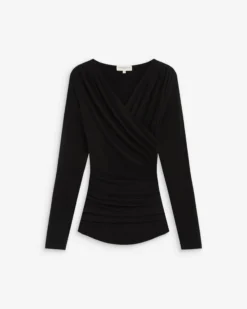 Top froncé col V croisé manches longues noir Azul