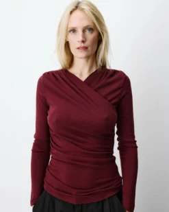 Top froncé col V croisé manches longues cherry Azul