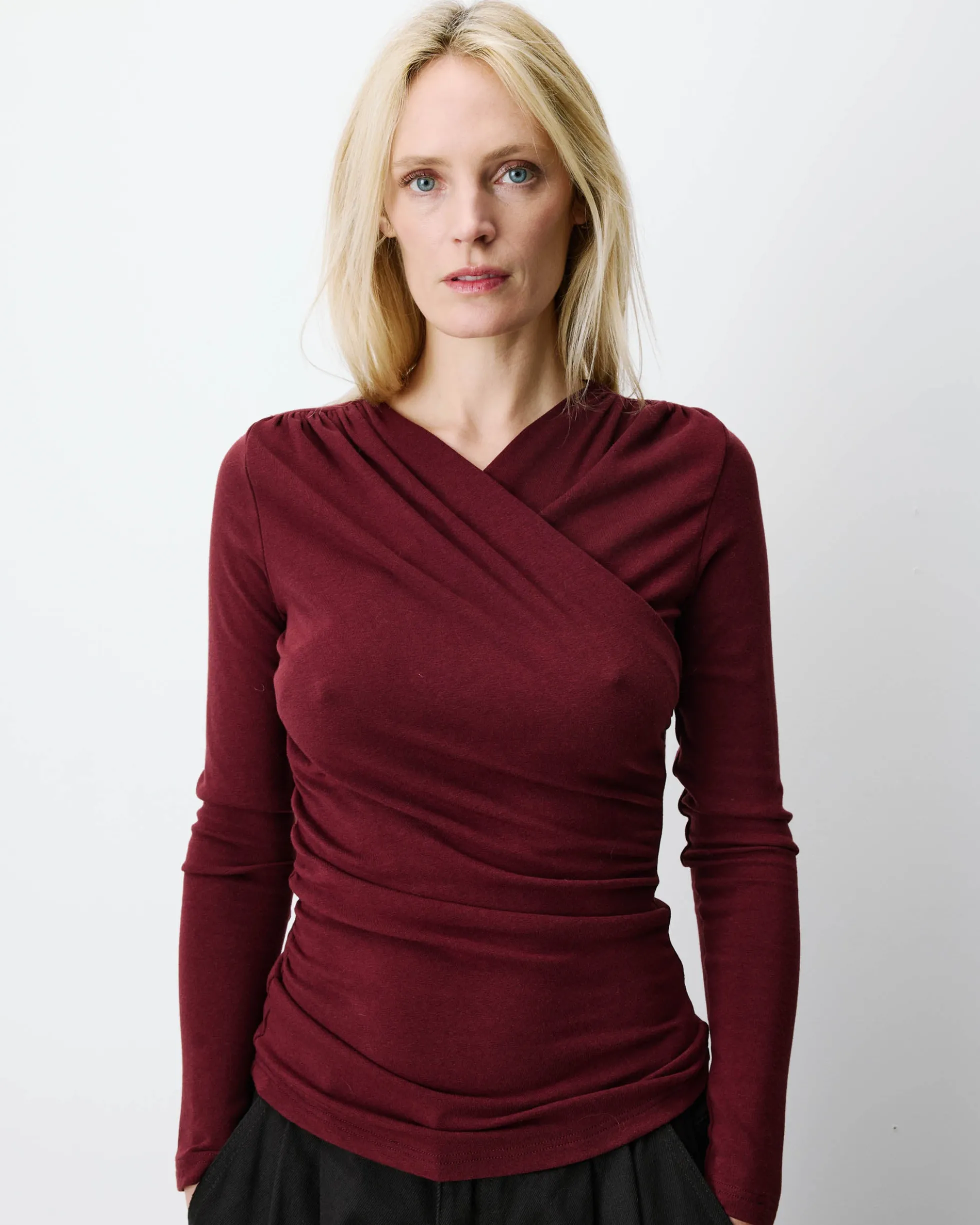 Top froncé col V croisé manches longues cherry Azul