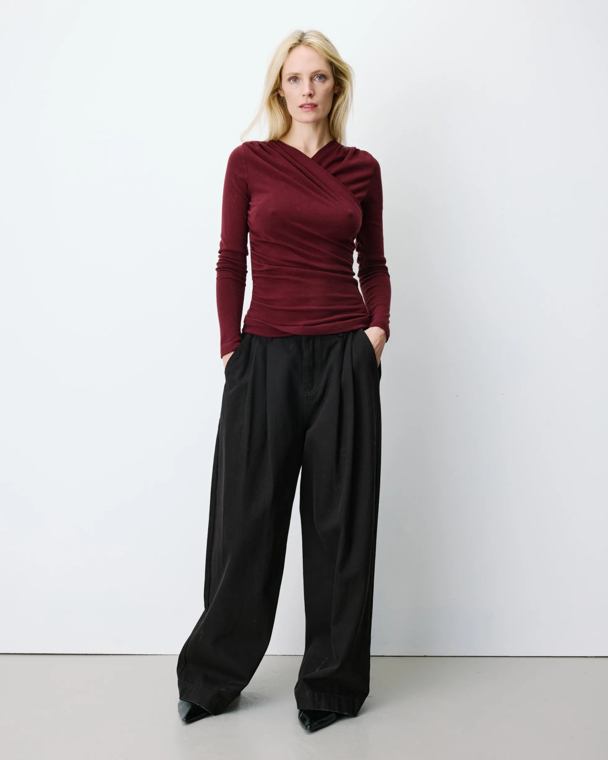 Top froncé col V croisé manches longues cherry Azul
