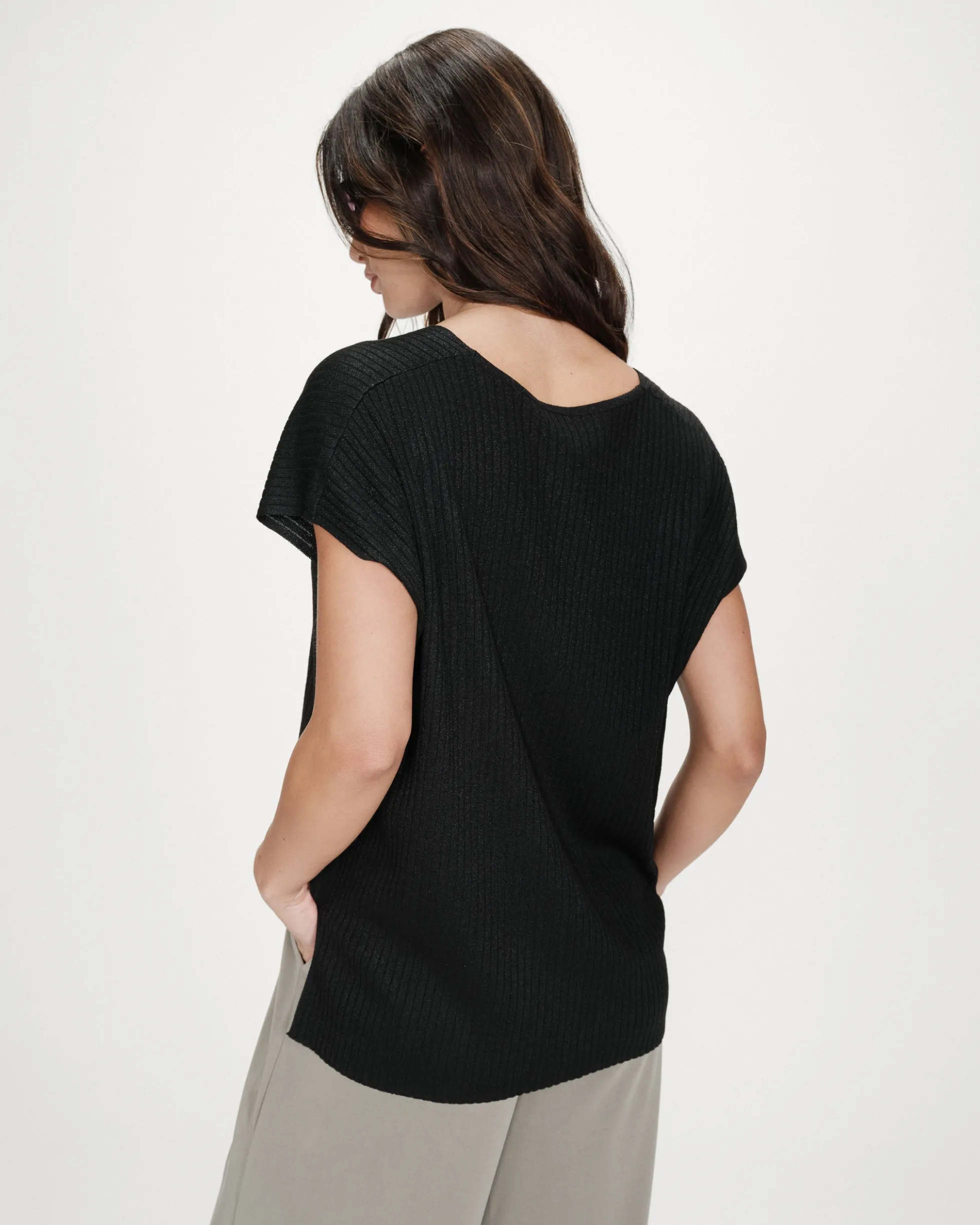 Top large en lurex col V noir Vaporo