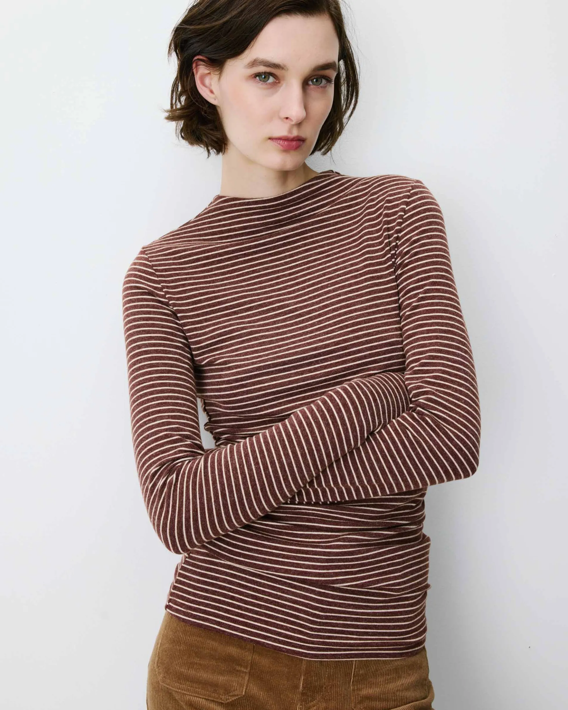 Top rayé taille froncée manches longues terracotta Aralee