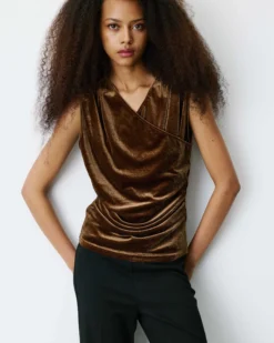 Top velours col V croisé sans manches olive Blitz