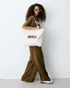 Tote bag large en toile à broderie ecru Brave
