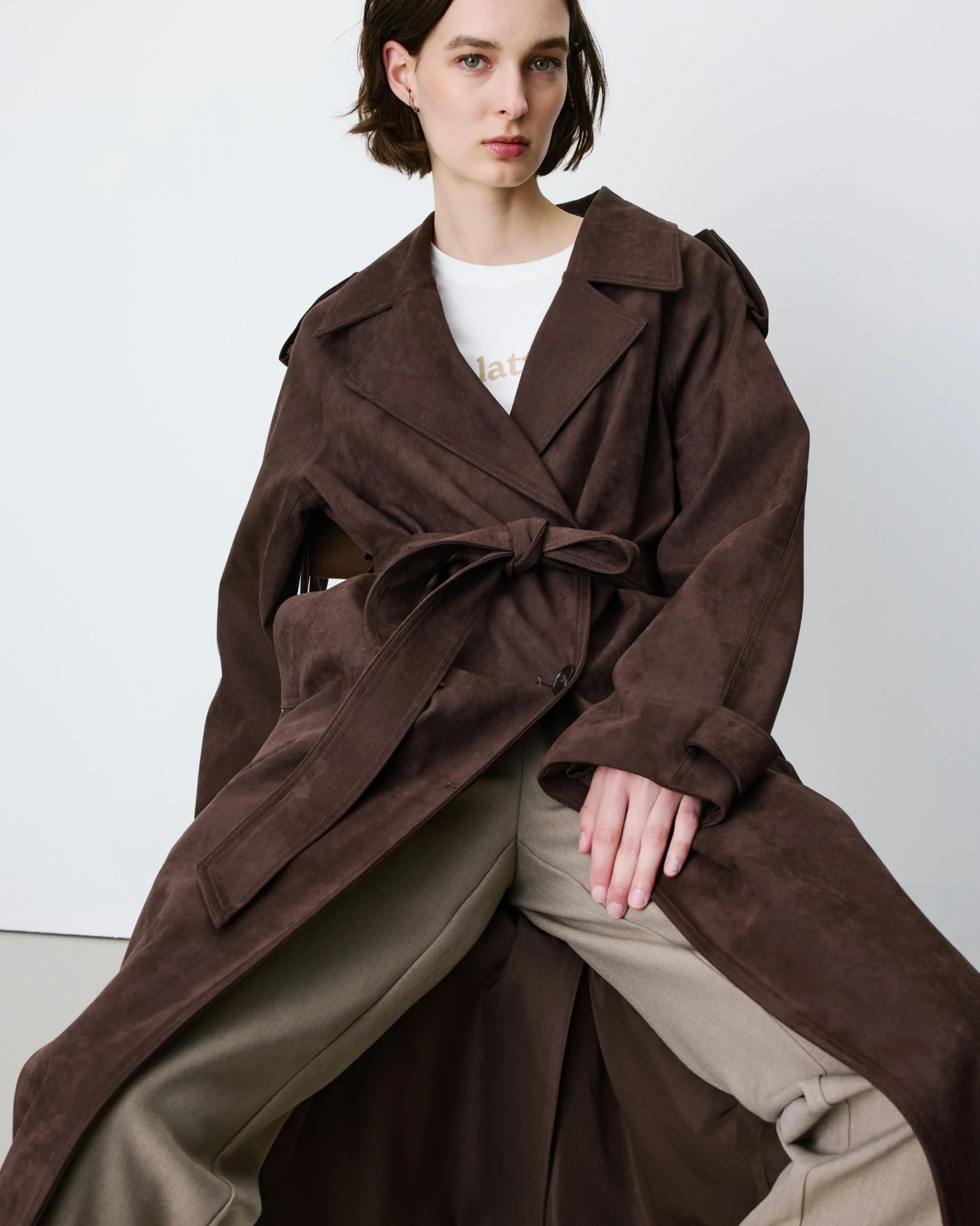 Trench long en suédine ceinturé chocolat Astrid