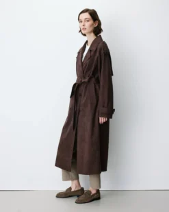Trench long en suédine ceinturé chocolat Astrid