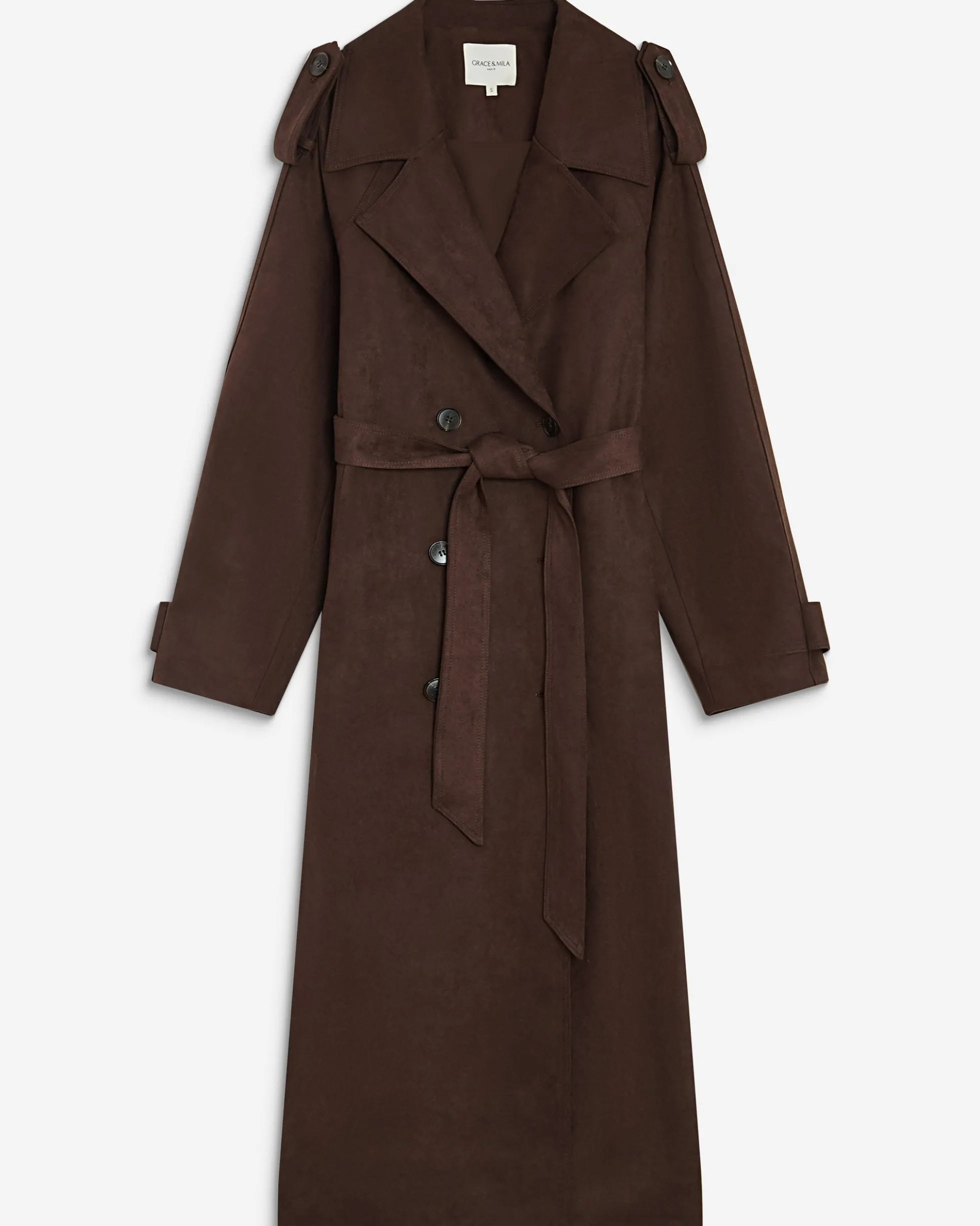 Trench long en suédine ceinturé chocolat Astrid