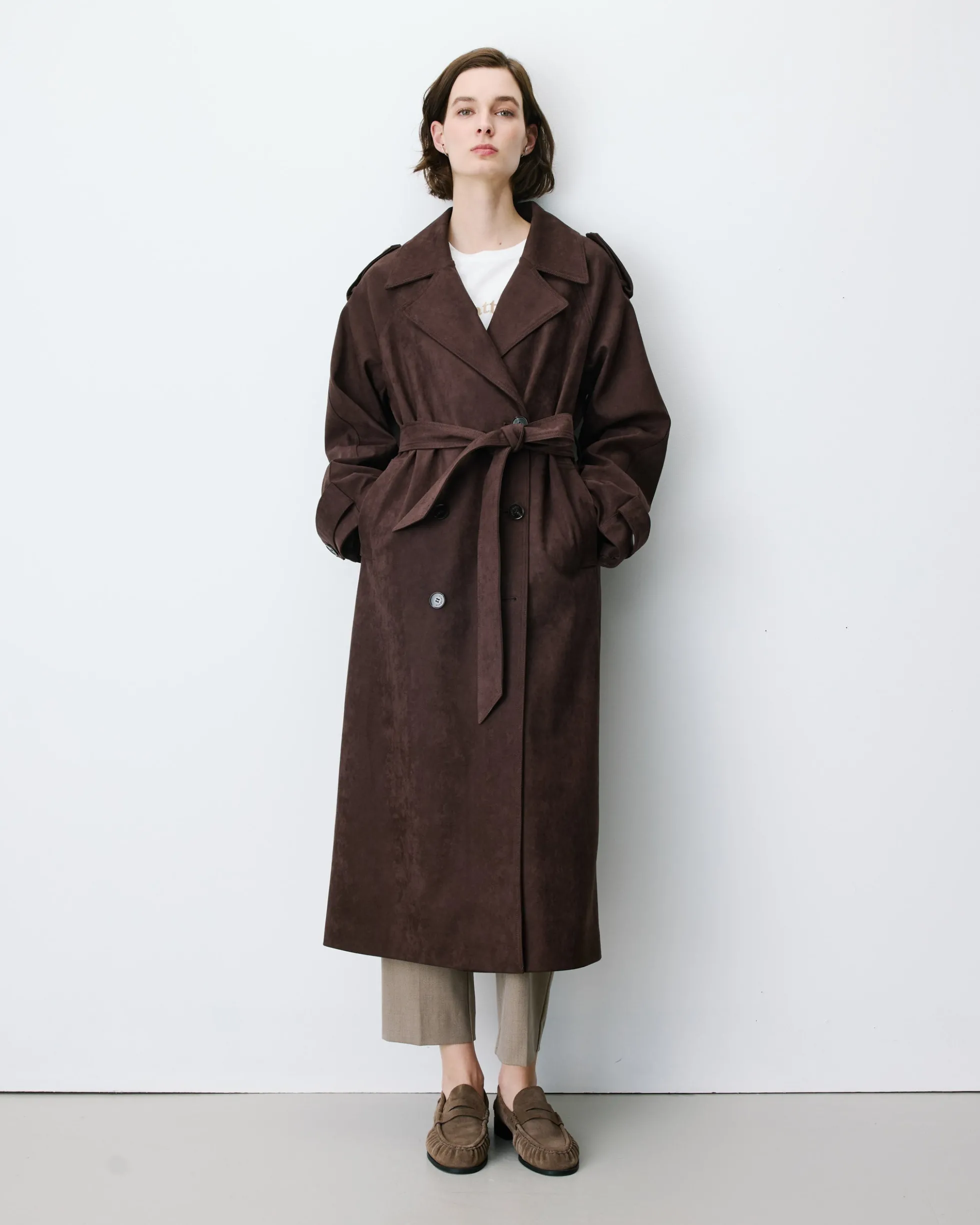 Trench long en suédine ceinturé chocolat Astrid