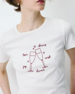 T-shirt ajusté en coton à message velours ivoire Bubble