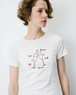 T-shirt ajusté en coton à message velours ivoire Bubble
