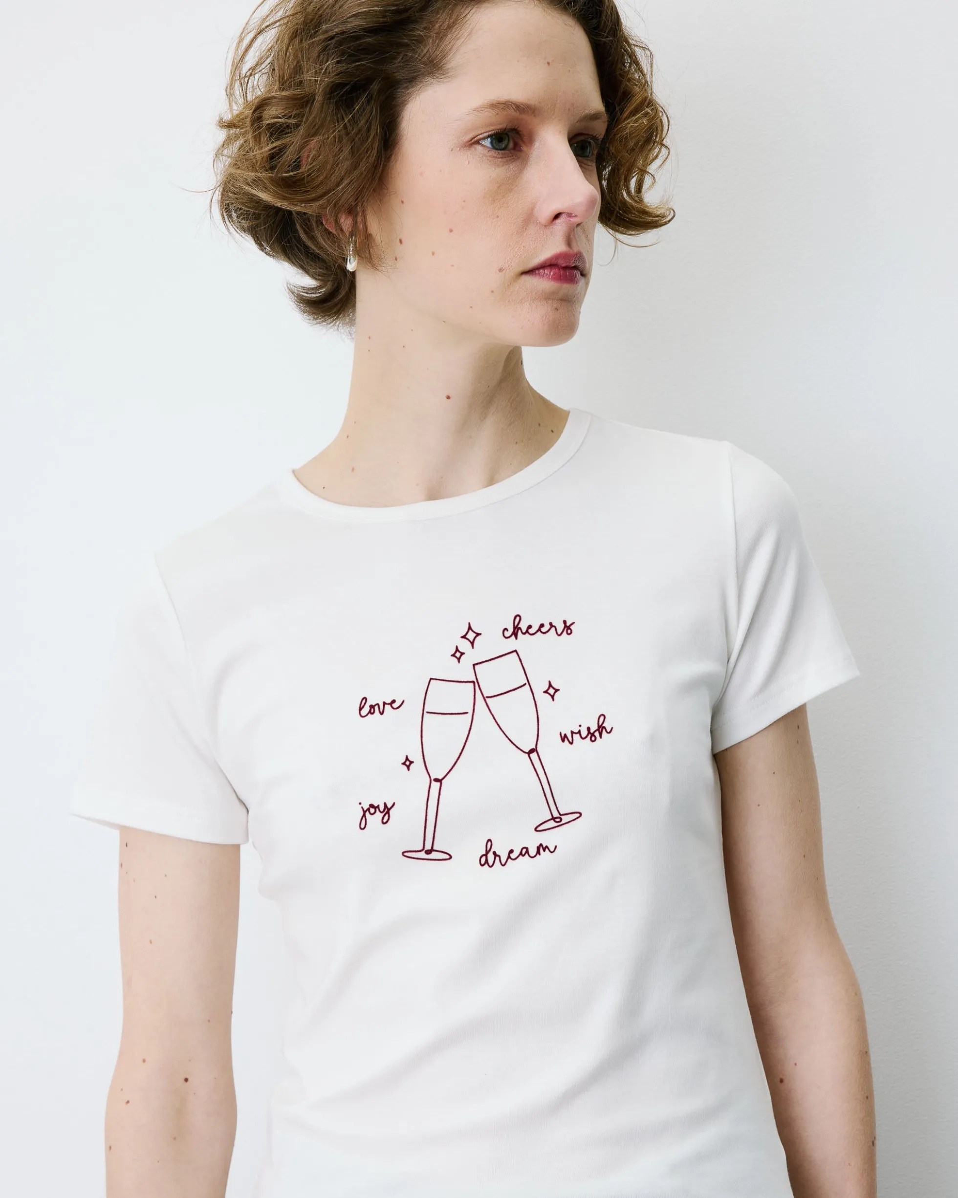 T-shirt ajusté en coton à message velours ivoire Bubble