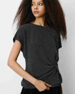 T-shirt drapé en jersey lurex manches courtes silver Baly