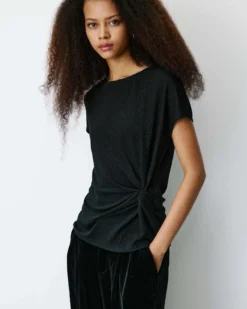 T-shirt drapé en jersey lurex manches courtes noir Baly