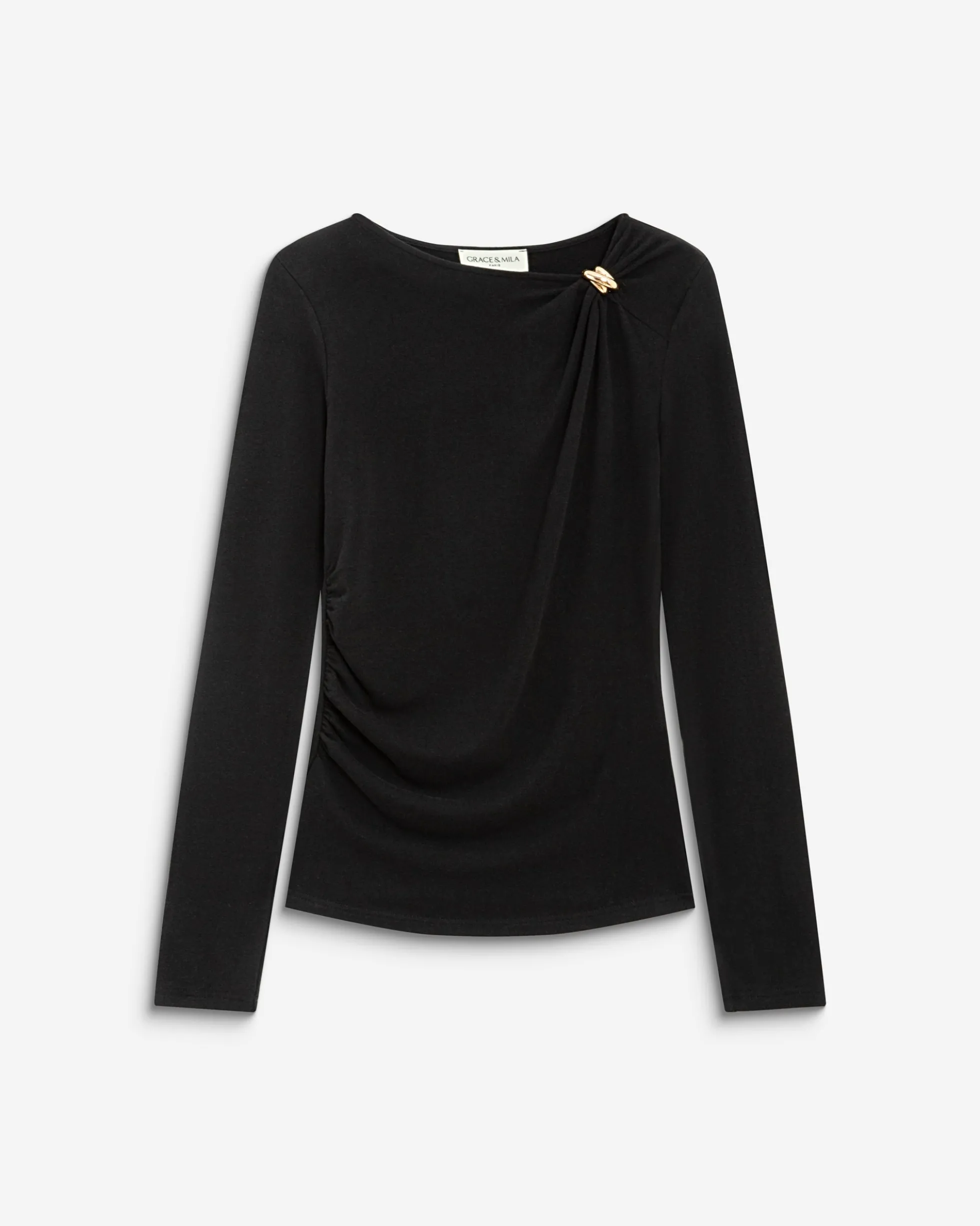 T-shirt drapé près du corps à boucle dorée noir Bijou