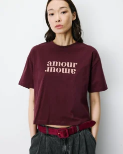 T-shirt en coton manches courtes à inscription aubergine Anis