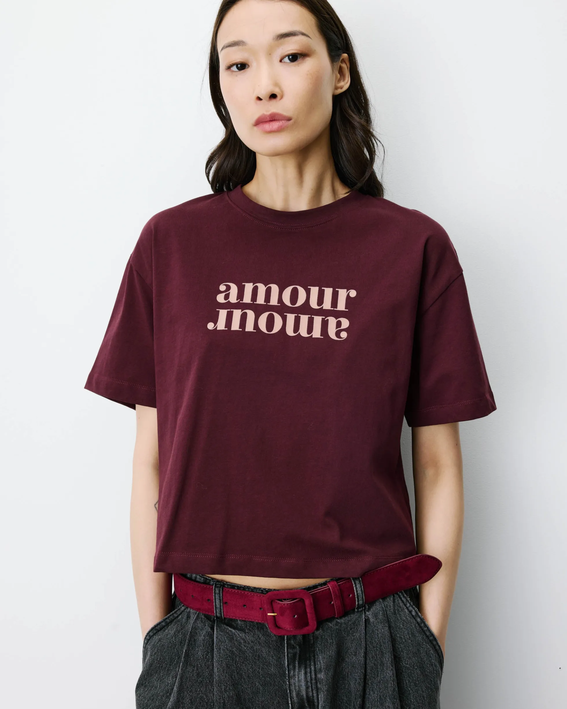 T-shirt en coton manches courtes à inscription aubergine Anis